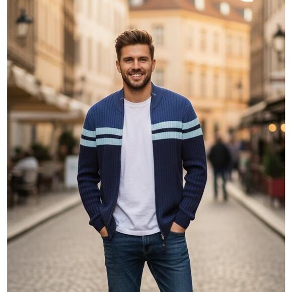 NWT Alfani Mens Blue Stripe Full-Zip Cardigan Sweater 2XL Preppy Modern Casual - Picture 1 of 10